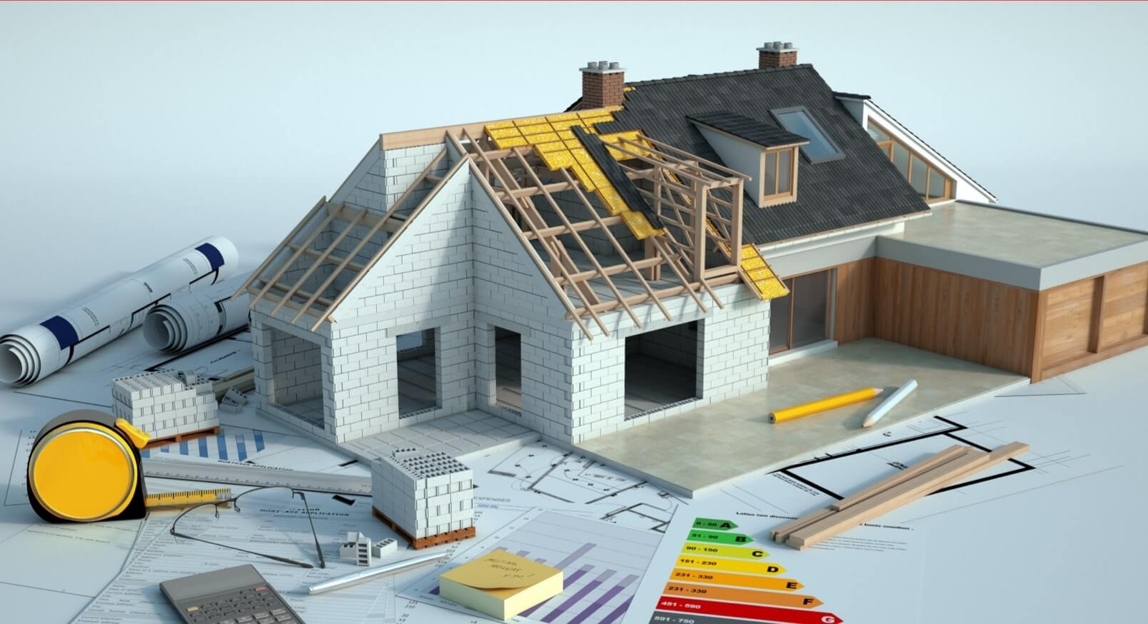 3D render of a miniature home being constructed on a table top